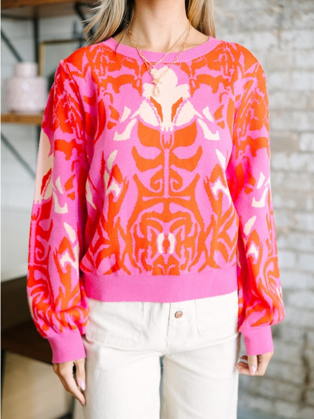 Voy Calling On You Hot Pink Abstract Sweater